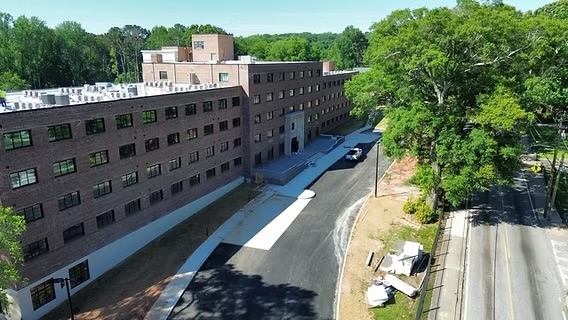 Aerial View Of Building Frontage And Sidewalks at Heritage Village in Atlanta, Georgia.
